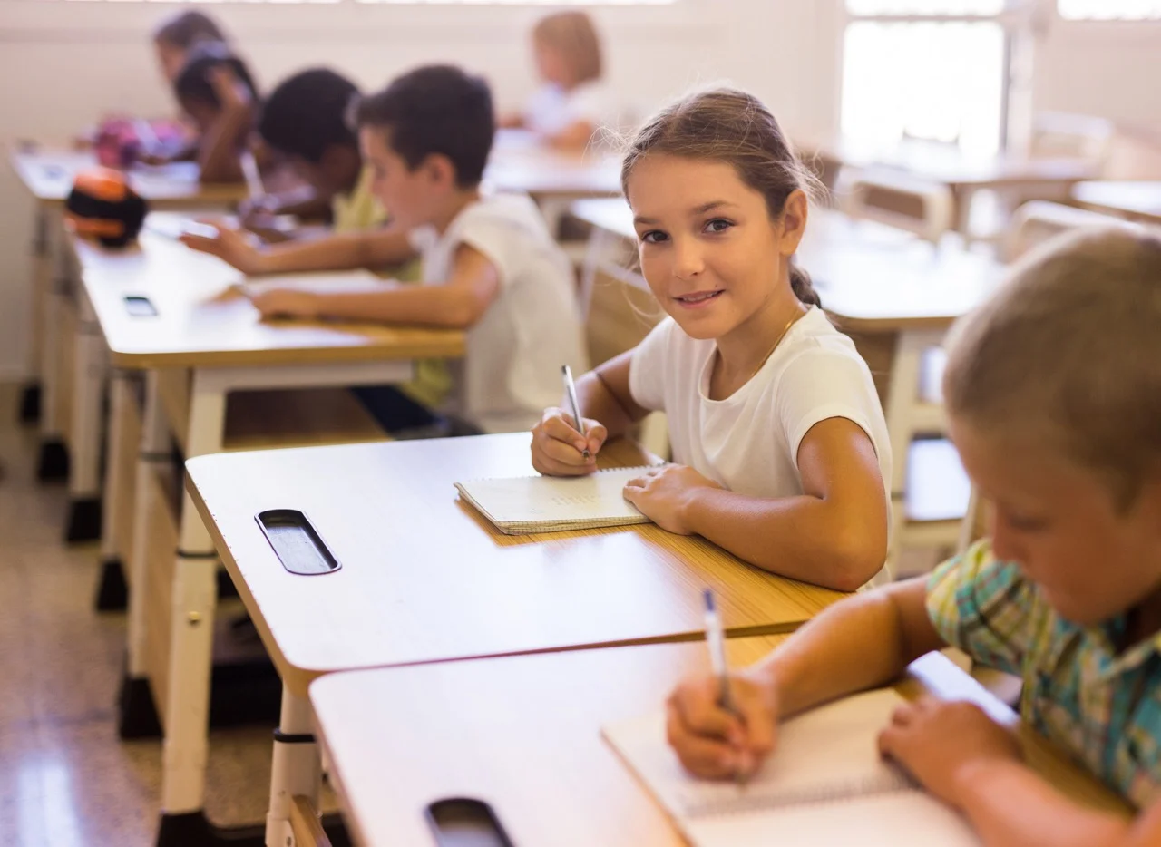 School girl working at lesson in classroom